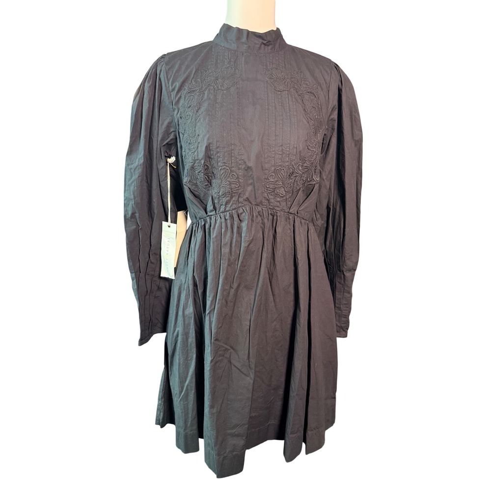 Happy x Nature NWT M Black Embroidered Cotton Open Back Tie Mini Dress Pockets